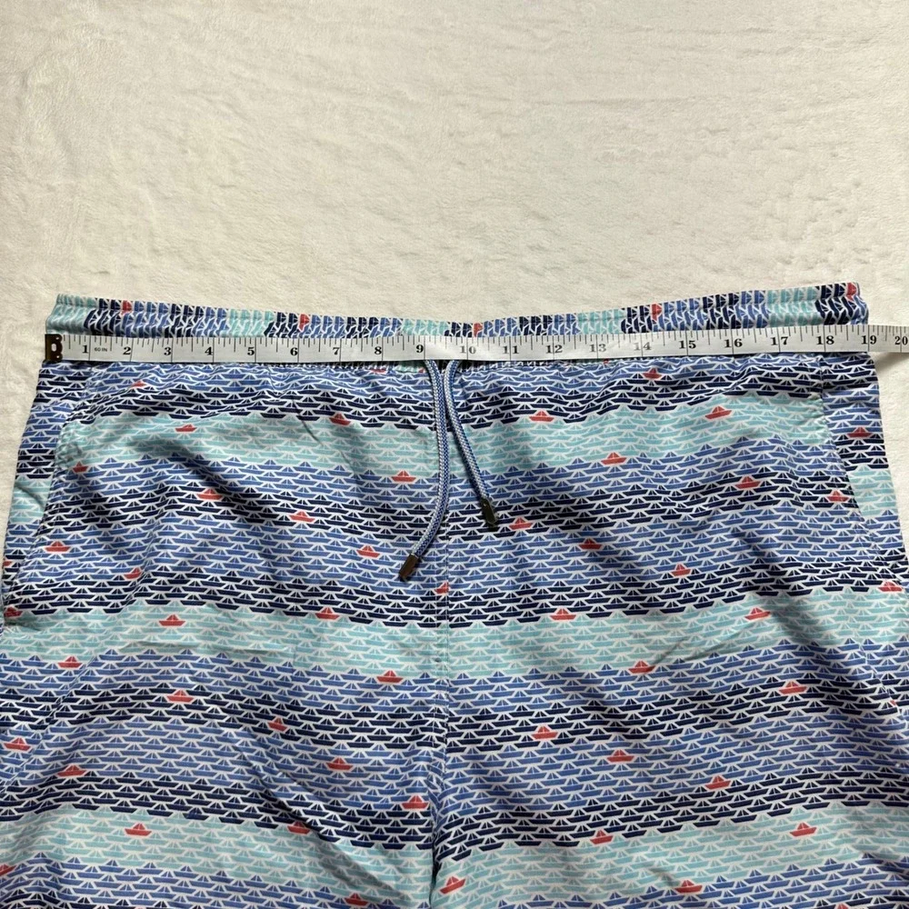 Peter Millar Swim Trunks Boat Print Drawstring Swim Shorts Blue Mens‎ Sz L *READ